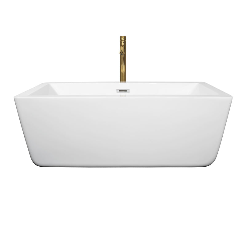 Wyndham Laura 59" Soaking Bathtub in White with Polished Chrome Trim and Floor Mounted Faucet in Brushed Gold WCOBT100559PCATPGD