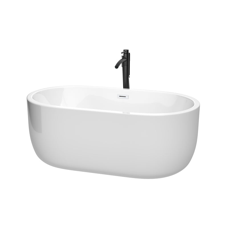 Wyndham Juliette 60" Soaking Bathtub In White With Shiny White Trim And Floor Mounted Faucet In Matte Black WCOBT101360SWATPBK