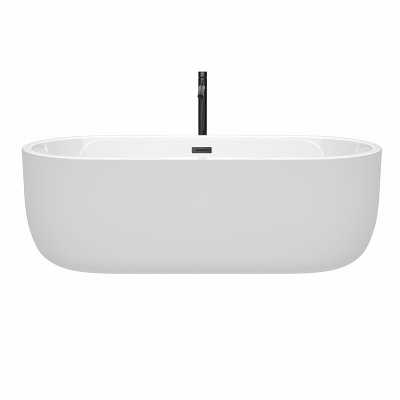 Wyndham Juliette 71" Soaking Bathtub in White with Floor Mounted Faucet Drain and Overflow Trim in Matte Black WCOBT101371MBATPBK