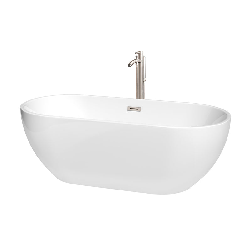 Wyndham Brooklyn 67" Soaking Bathtub In White With Floor Mounted Faucet Drain And Overflow Trim In Brushed Nickel WCOBT200067ATP11BN