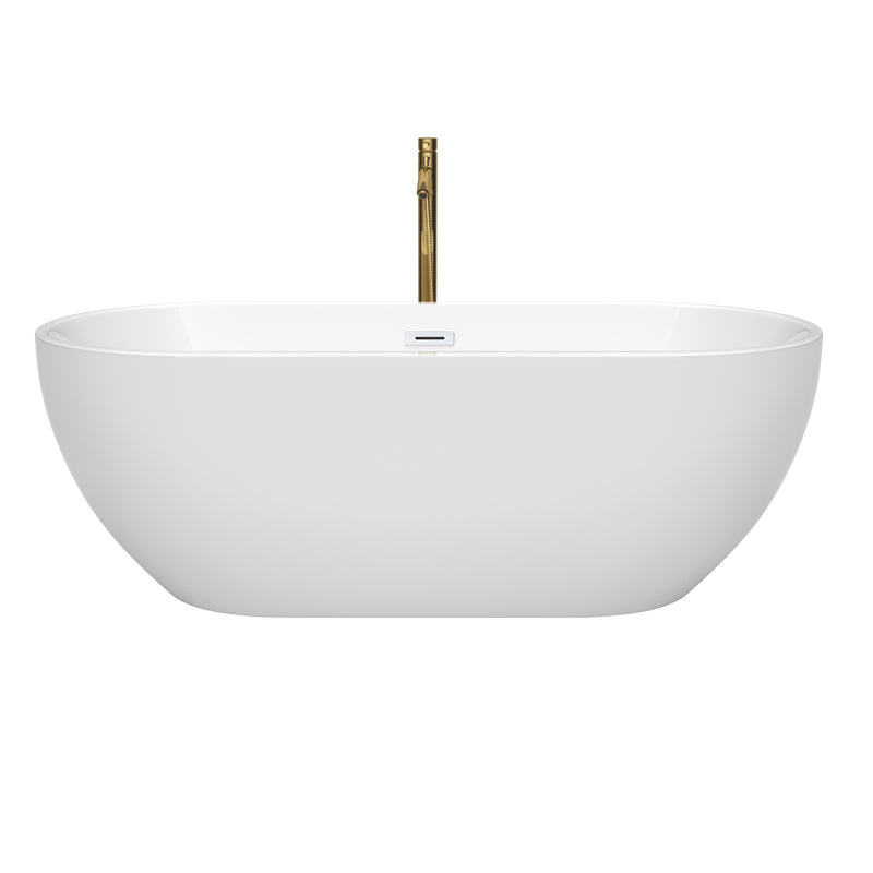 Wyndham Brooklyn 67" Soaking Bathtub in White with Shiny White Trim and Floor Mounted Faucet in Brushed Gold WCOBT200067SWATPGD