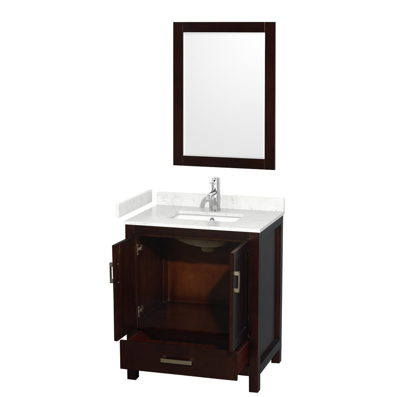 Wyndham Sheffield 30" Single Bathroom Vanity In Espresso with Carrara Cultured Marble Countertop Undermount Square Sink and 24" Mirror WCS141430SESC2UNSM24