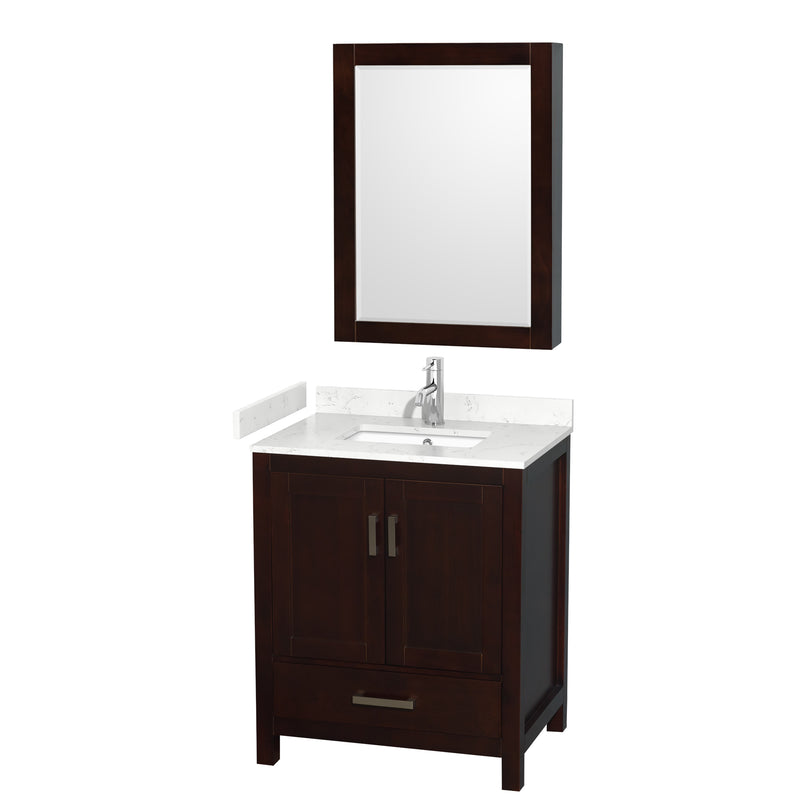 Wyndham Sheffield 30" Single Bathroom Vanity In Espresso With Carrara Cultured Marble Countertop Undermount Square Sink And Medicine Cabinet WCS141430SESC2UNSMED