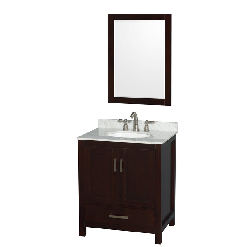 Wyndham Sheffield 30" Single Bathroom Vanity In Espresso With White Carrara Marble Countertop Undermount Oval Sink And 24" Mirror WCS141430SESCMUNOM24