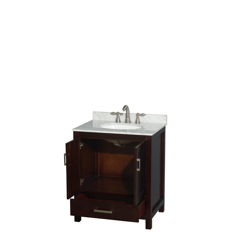 Wyndham Sheffield 30" Single Bathroom Vanity In Espresso with White Carrara Marble Countertop Undermount Oval Sink and No Mirror WCS141430SESCMUNOMXX