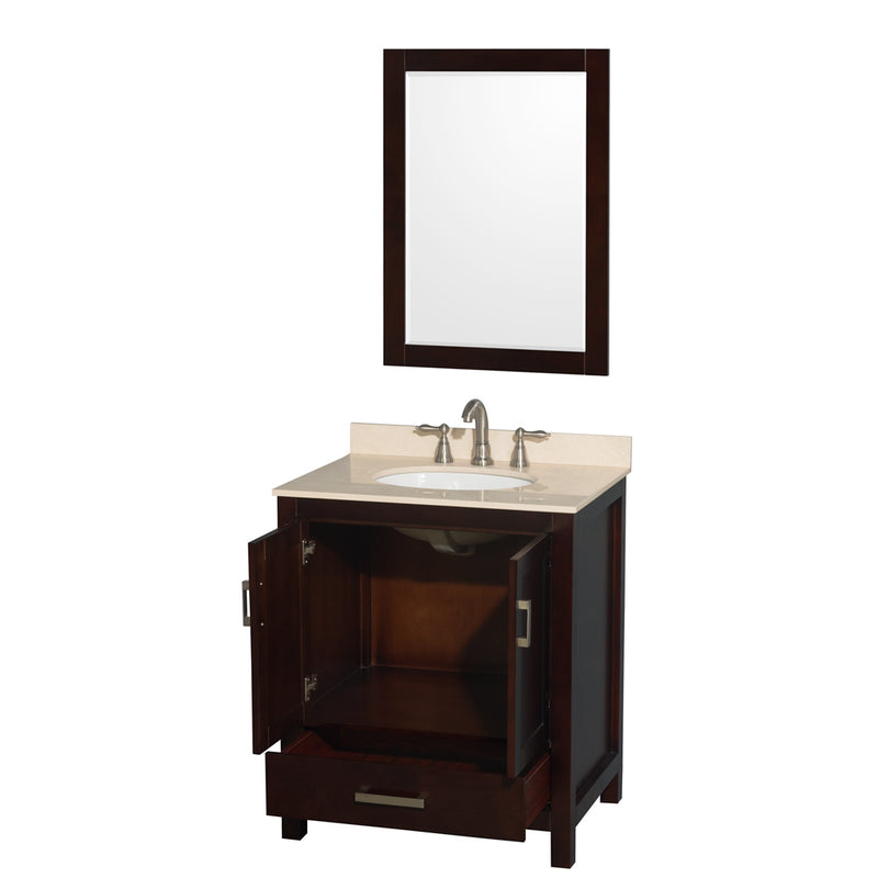 Wyndham AAA Sheffield 30" Single Bathroom Vanity In Espresso with Ivory Marble Countertop Undermount Oval Sink and 24" Mirror WCS141430SESIVUNOM24