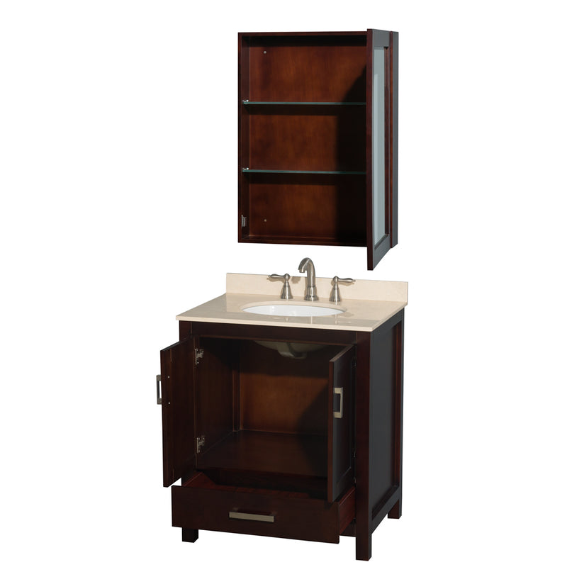 Wyndham AAA Sheffield 30" Single Bathroom Vanity In Espresso with Ivory Marble Countertop Undermount Oval Sink and Medicine Cabinet WCS141430SESIVUNOMED