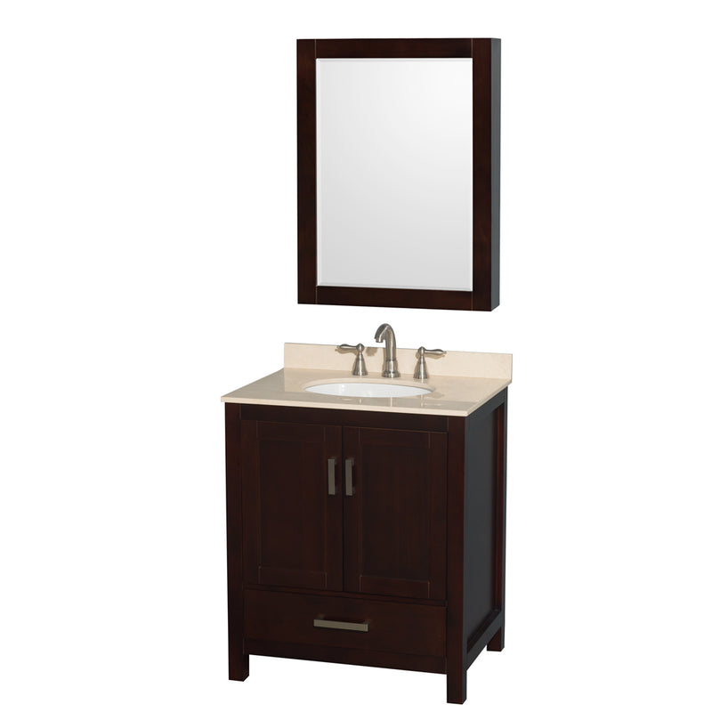 Wyndham AAA Sheffield 30" Single Bathroom Vanity In Espresso With Ivory Marble Countertop Undermount Oval Sink And Medicine Cabinet WCS141430SESIVUNOMED