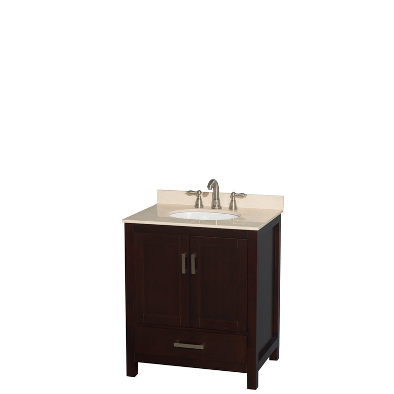 Wyndham AAA Sheffield 30" Single Bathroom Vanity In Espresso With Ivory Marble Countertop Undermount Oval Sink And No Mirror WCS141430SESIVUNOMXX