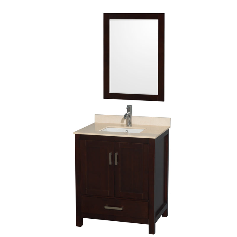 Wyndham AAA Sheffield 30" Single Bathroom Vanity In Espresso With Ivory Marble Countertop Undermount Square Sink And 24" Mirror WCS141430SESIVUNSM24