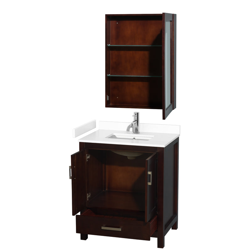 Wyndham Sheffield 30" Single Bathroom Vanity In Espresso with White Cultured Marble Countertop Undermount Square Sink and Medicine Cabinet WCS141430SESWCUNSMED