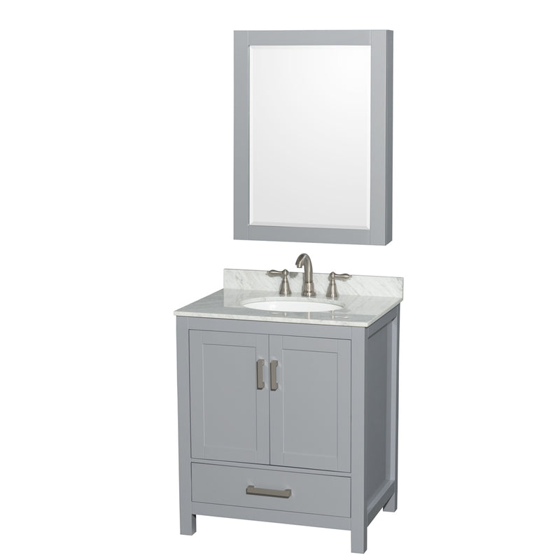 Wyndham Sheffield 30" Single Bathroom Vanity In Gray With White Carrara Marble Countertop Undermount Oval Sink And Medicine Cabinet WCS141430SGYCMUNOMED