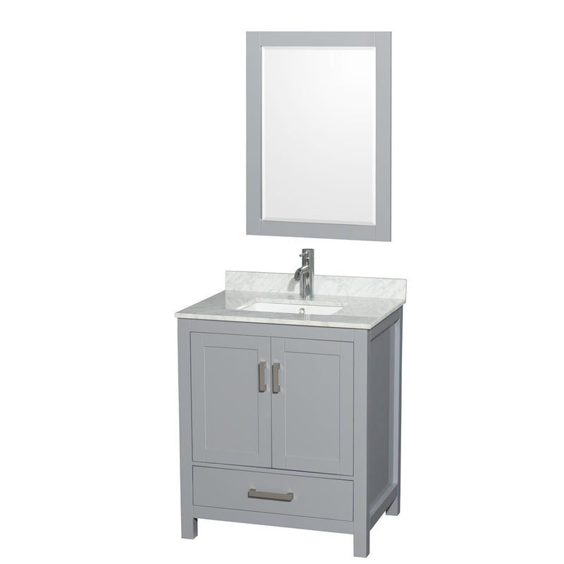 Wyndham Sheffield 30" Single Bathroom Vanity In Gray With White Carrara Marble Countertop Undermount Square Sink And 24" Mirror WCS141430SGYCMUNSM24