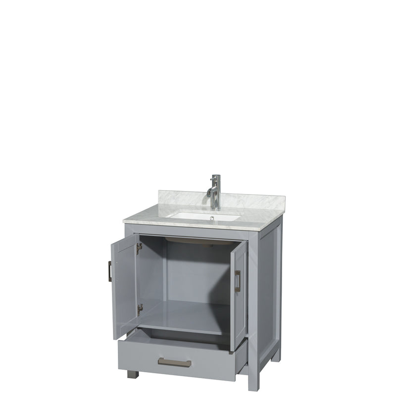 Wyndham Sheffield 30" Single Bathroom Vanity In Gray with White Carrara Marble Countertop Undermount Square Sink and No Mirror WCS141430SGYCMUNSMXX