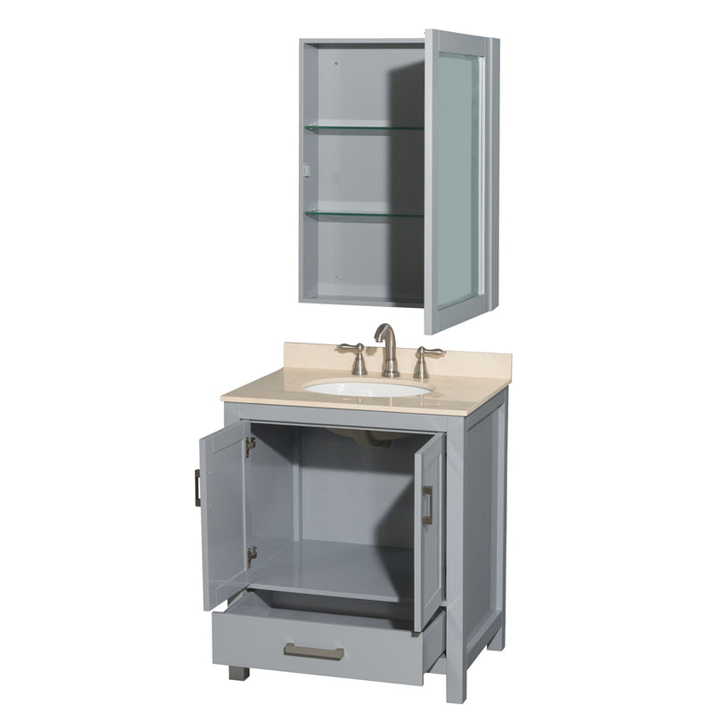 Wyndham AAA Sheffield 30" Single Bathroom Vanity In Gray with Ivory Marble Countertop Undermount Oval Sink and Medicine Cabinet WCS141430SGYIVUNOMED