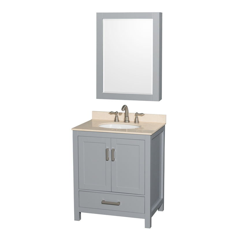 Wyndham AAA Sheffield 30" Single Bathroom Vanity In Gray With Ivory Marble Countertop Undermount Oval Sink And Medicine Cabinet WCS141430SGYIVUNOMED