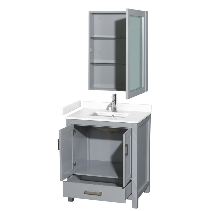 Wyndham Sheffield 30" Single Bathroom Vanity In Gray with White Cultured Marble Countertop Undermount Square Sink and Medicine Cabinet WCS141430SGYWCUNSMED