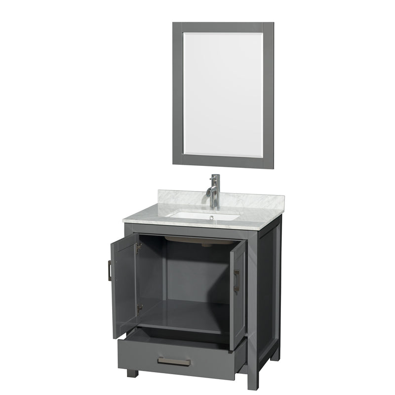 Wyndham Sheffield 30" Single Bathroom Vanity In Dark Gray with White Carrara Marble Countertop Undermount Square Sink and 24" Mirror WCS141430SKGCMUNSM24