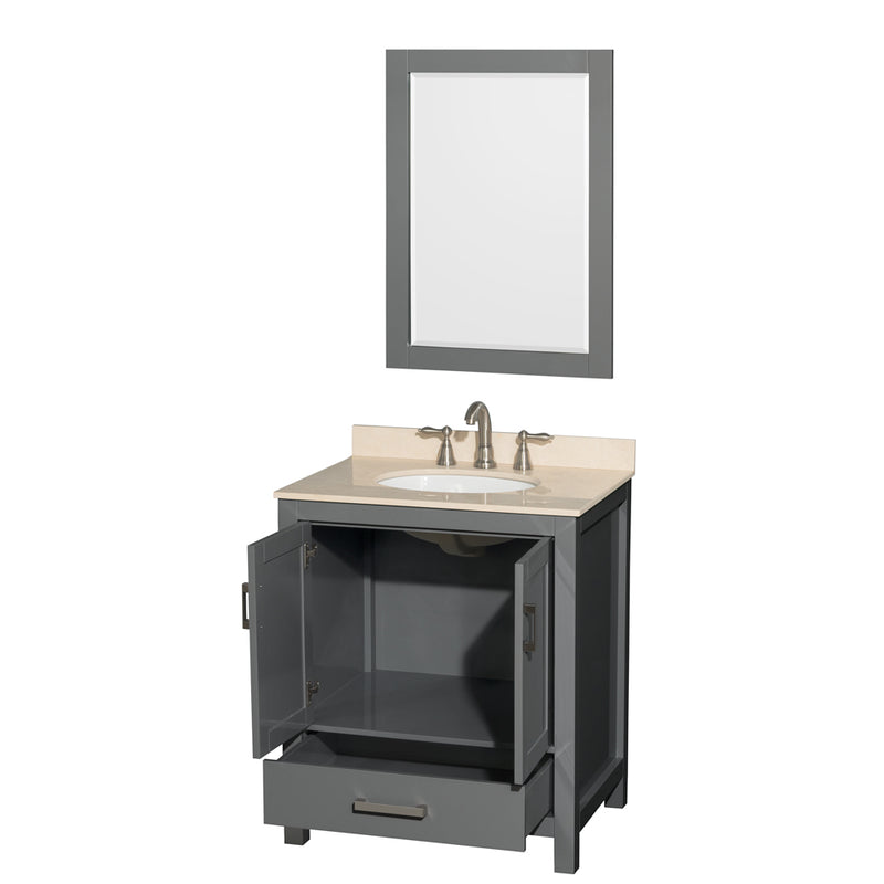 Wyndham AAA Sheffield 30" Single Bathroom Vanity In Dark Gray with Ivory Marble Countertop Undermount Oval Sink and 24" Mirror WCS141430SKGIVUNOM24