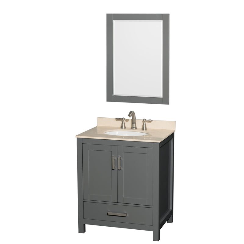 Wyndham AAA Sheffield 30" Single Bathroom Vanity In Dark Gray With Ivory Marble Countertop Undermount Oval Sink And 24" Mirror WCS141430SKGIVUNOM24