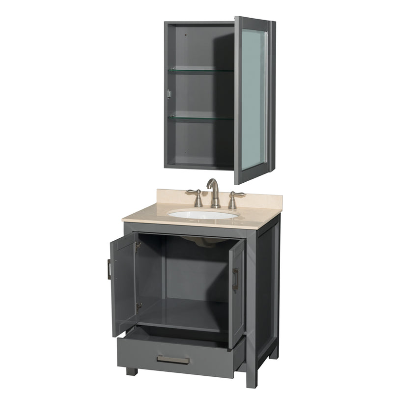 Wyndham AAA Sheffield 30" Single Bathroom Vanity In Dark Gray with Ivory Marble Countertop Undermount Oval Sink and Medicine Cabinet WCS141430SKGIVUNOMED