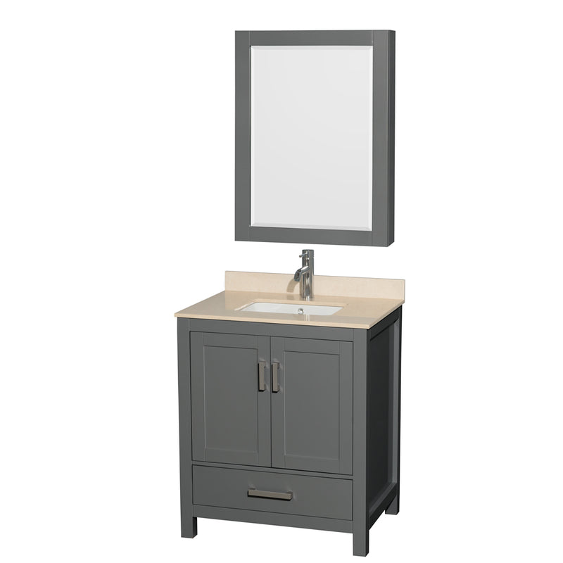 Wyndham AAA Sheffield 30" Single Bathroom Vanity In Dark Gray With Ivory Marble Countertop Undermount Square Sink And Medicine Cabinet WCS141430SKGIVUNSMED