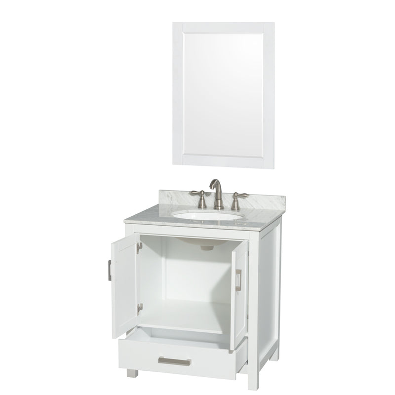 Wyndham Sheffield 30" Single Bathroom Vanity In White with White Carrara Marble Countertop Undermount Oval Sink and 24" Mirror WCS141430SWHCMUNOM24