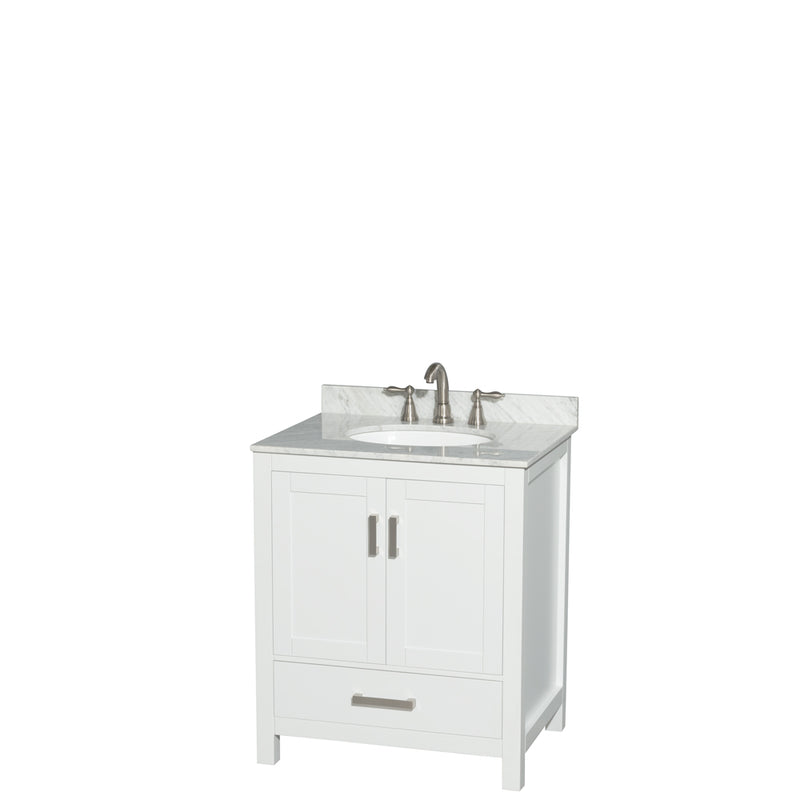 Wyndham Sheffield 30" Single Bathroom Vanity In White With White Carrara Marble Countertop Undermount Oval Sink And No Mirror WCS141430SWHCMUNOMXX