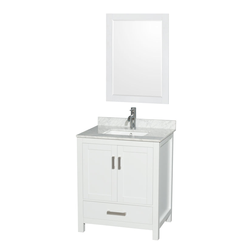 Wyndham Sheffield 30" Single Bathroom Vanity In White With White Carrara Marble Countertop Undermount Square Sink And 24" Mirror WCS141430SWHCMUNSM24