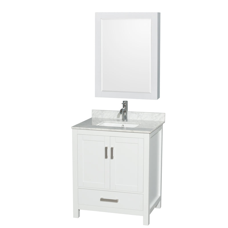 Wyndham Sheffield 30" Single Bathroom Vanity In White With White Carrara Marble Countertop Undermount Square Sink And Medicine Cabinet WCS141430SWHCMUNSMED