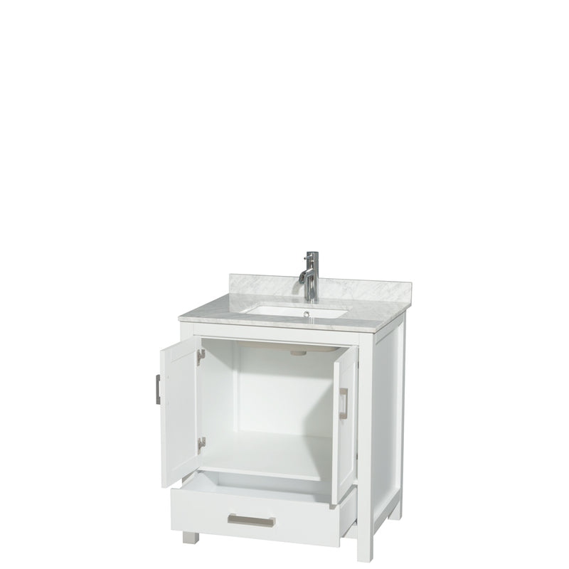 Wyndham Sheffield 30" Single Bathroom Vanity In White with White Carrara Marble Countertop Undermount Square Sink and No Mirror WCS141430SWHCMUNSMXX