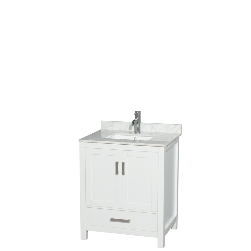 Wyndham Sheffield 30" Single Bathroom Vanity In White With White Carrara Marble Countertop Undermount Square Sink And No Mirror WCS141430SWHCMUNSMXX