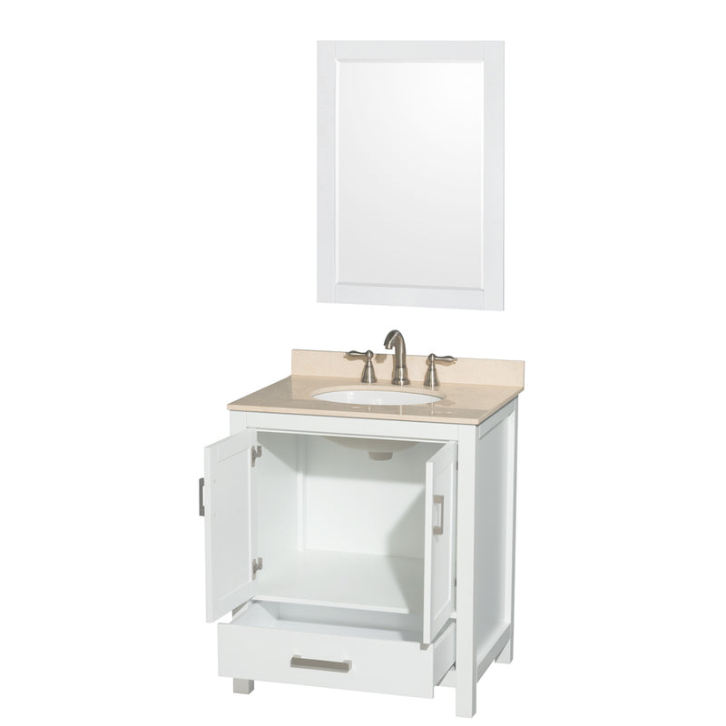 Wyndham AAA Sheffield 30" Single Bathroom Vanity In White with Ivory Marble Countertop Undermount Oval Sink and 24" Mirror WCS141430SWHIVUNOM24