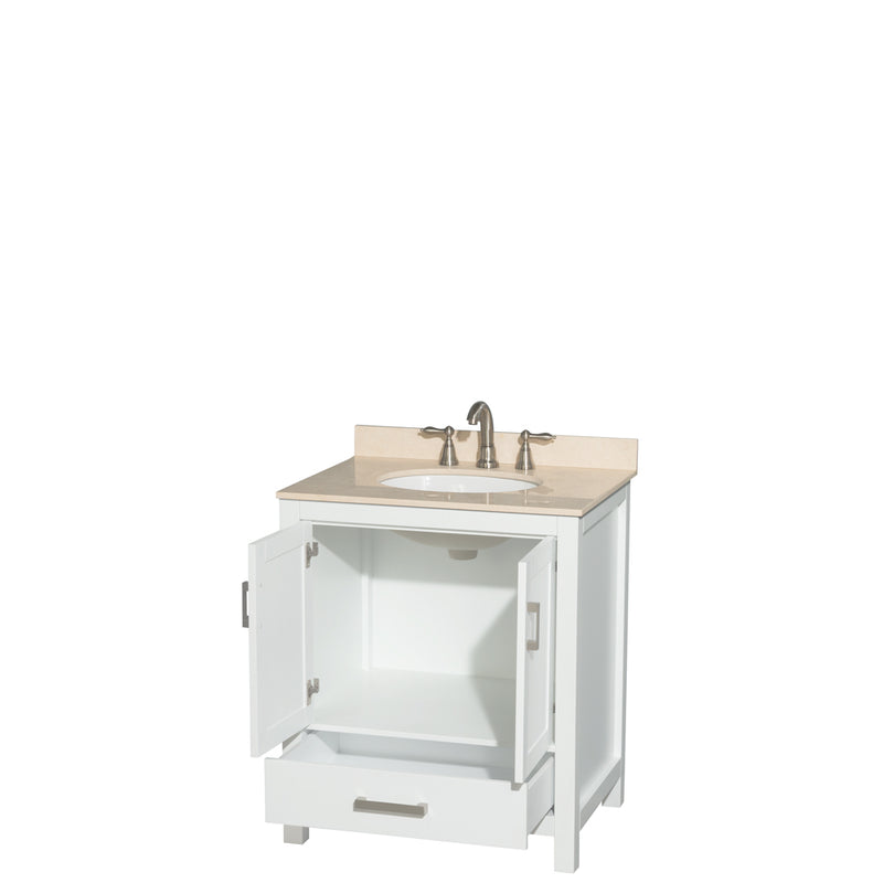 Wyndham AAA Sheffield 30" Single Bathroom Vanity In White with Ivory Marble Countertop Undermount Oval Sink and No Mirror WCS141430SWHIVUNOMXX