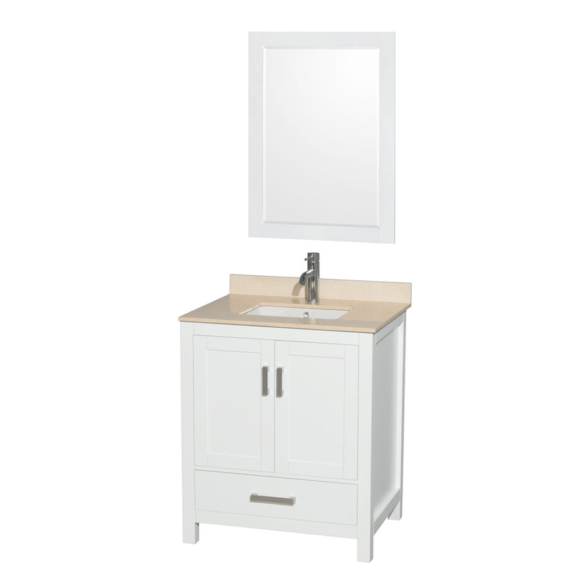 Wyndham AAA Sheffield 30" Single Bathroom Vanity In White With Ivory Marble Countertop Undermount Square Sink And 24" Mirror WCS141430SWHIVUNSM24