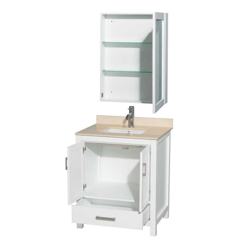 Wyndham AAA Sheffield 30" Single Bathroom Vanity In White with Ivory Marble Countertop Undermount Square Sink and Medicine Cabinet WCS141430SWHIVUNSMED