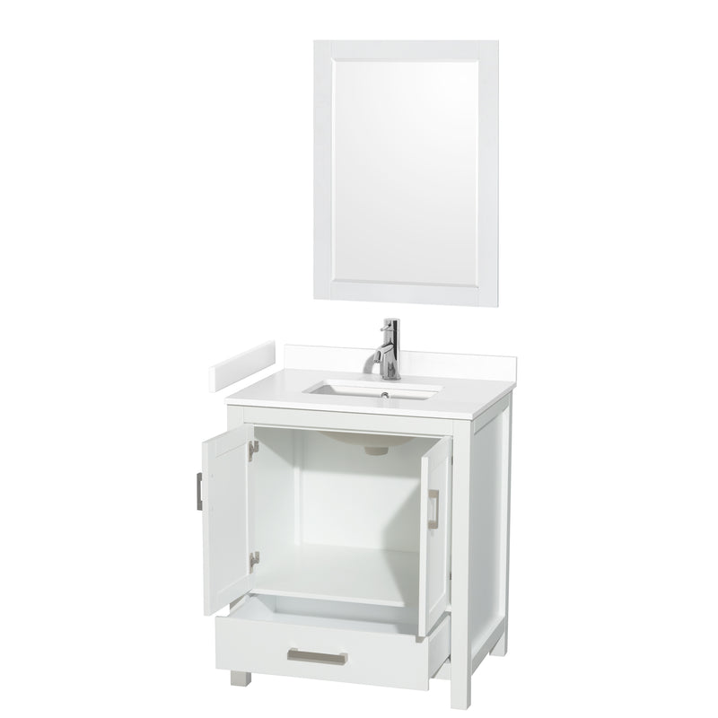 Wyndham Sheffield 30" Single Bathroom Vanity In White with White Cultured Marble Countertop Undermount Square Sink and 24" Mirror WCS141430SWHWCUNSM24