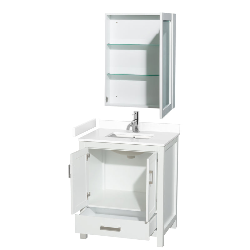 Wyndham Sheffield 30" Single Bathroom Vanity In White with White Cultured Marble Countertop Undermount Square Sink and Medicine Cabinet WCS141430SWHWCUNSMED