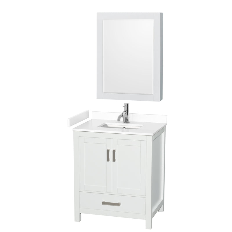 Wyndham Sheffield 30" Single Bathroom Vanity In White With White Cultured Marble Countertop Undermount Square Sink And Medicine Cabinet WCS141430SWHWCUNSMED