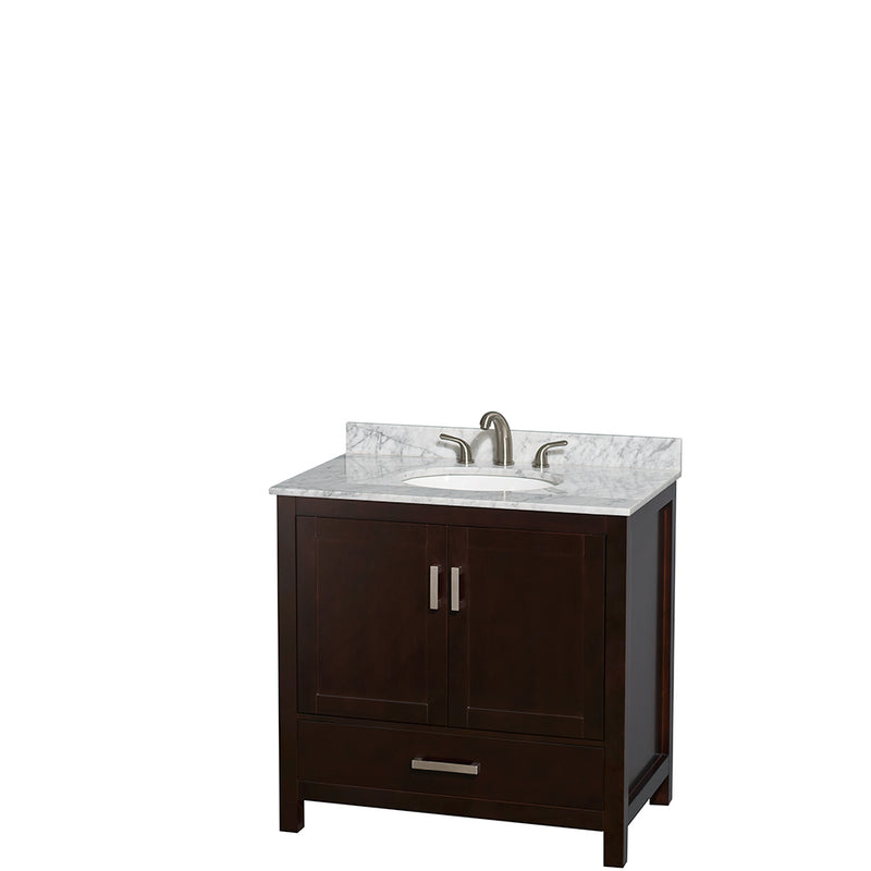 Wyndham Sheffield 36" Single Bathroom Vanity In Espresso White Carrara Marble Countertop Undermount Oval Sink And No Mirror WCS141436SESCMUNOMXX