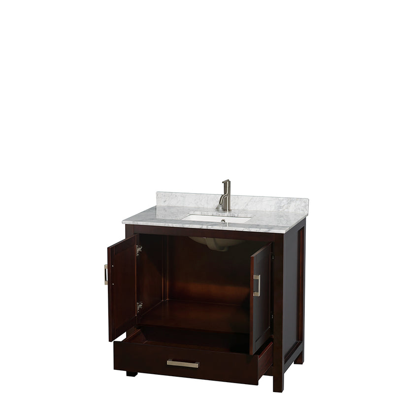 Wyndham Sheffield 36" Single Bathroom Vanity In Espresso White Carrara Marble Countertop Undermount Square Sink and No Mirror WCS141436SESCMUNSMXX