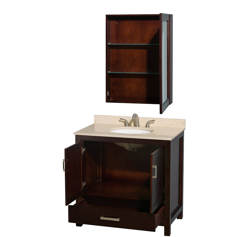 Wyndham AAA Sheffield 36" Single Bathroom Vanity In Espresso Ivory Marble Countertop Undermount Oval Sink and Medicine Cabinet WCS141436SESIVUNOMED