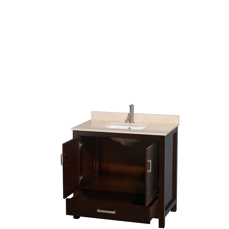 Wyndham AAA Sheffield 36" Single Bathroom Vanity In Espresso Ivory Marble Countertop Undermount Square Sink and No Mirror WCS141436SESIVUNSMXX