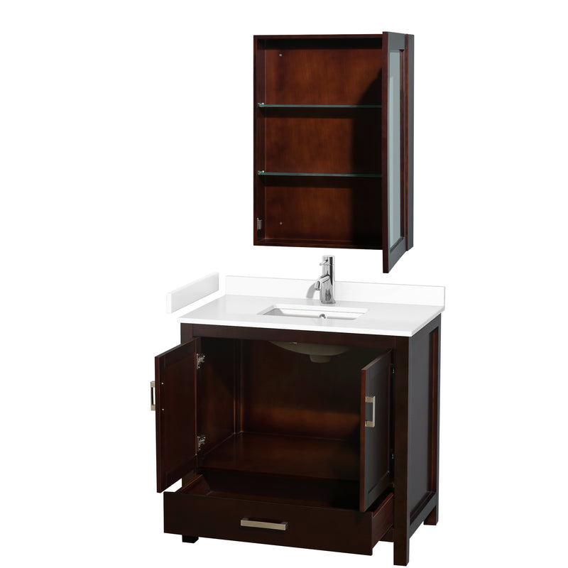 Wyndham Sheffield 36" Single Bathroom Vanity In Espresso with White Cultured Marble Countertop Undermount Square Sink and Medicine Cabinet WCS141436SESWCUNSMED