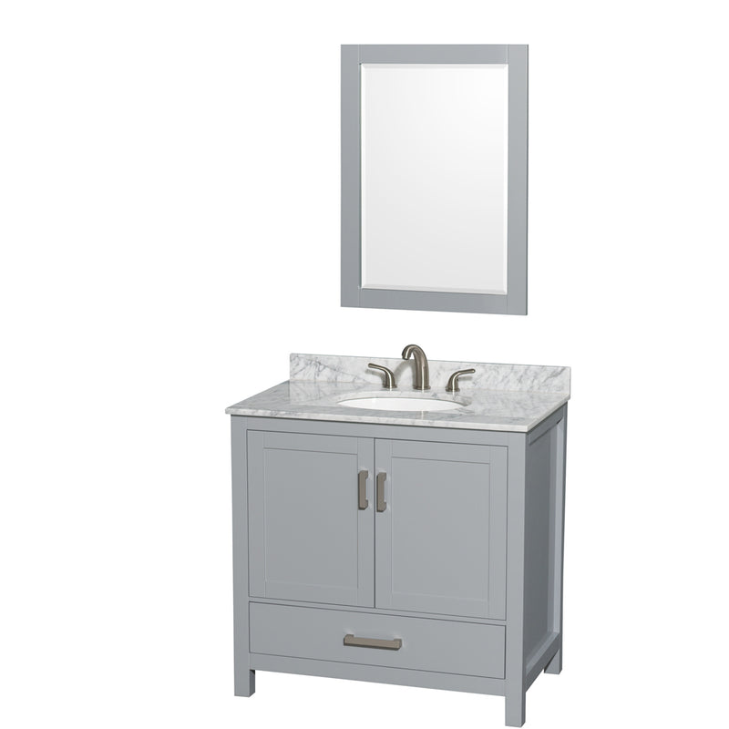 Wyndham Sheffield 36" Single Bathroom Vanity In Gray With White Carrara Marble Countertop Undermount Oval Sink And 24" Mirror WCS141436SGYCMUNOM24