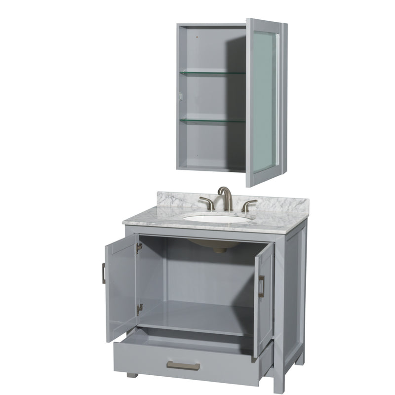 Wyndham Sheffield 36" Single Bathroom Vanity In Gray with White Carrara Marble Countertop Undermount Oval Sink and Medicine Cabinet WCS141436SGYCMUNOMED