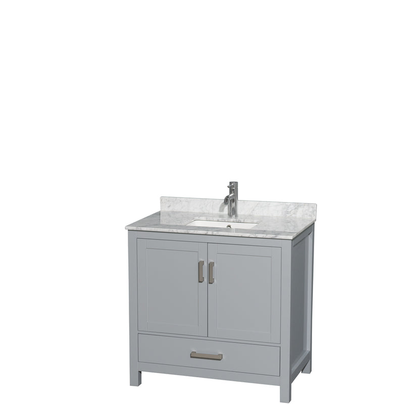 Wyndham Sheffield 36" Single Bathroom Vanity In Gray With White Carrara Marble Countertop Undermount Square Sink And No Mirror WCS141436SGYCMUNSMXX