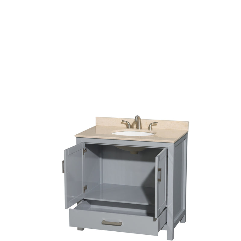 Wyndham AAA Sheffield 36" Single Bathroom Vanity In Gray with Ivory Marble Countertop Undermount Oval Sink and No Mirror WCS141436SGYIVUNOMXX