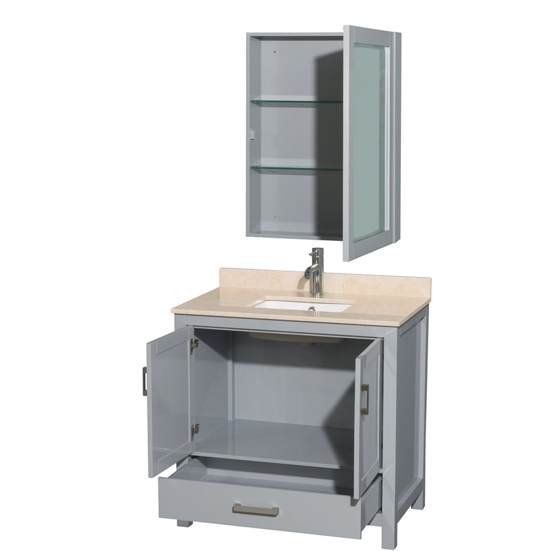 Wyndham AAA Sheffield 36" Single Bathroom Vanity In Gray with Ivory Marble Countertop Undermount Square Sink and Medicine Cabinet WCS141436SGYIVUNSMED