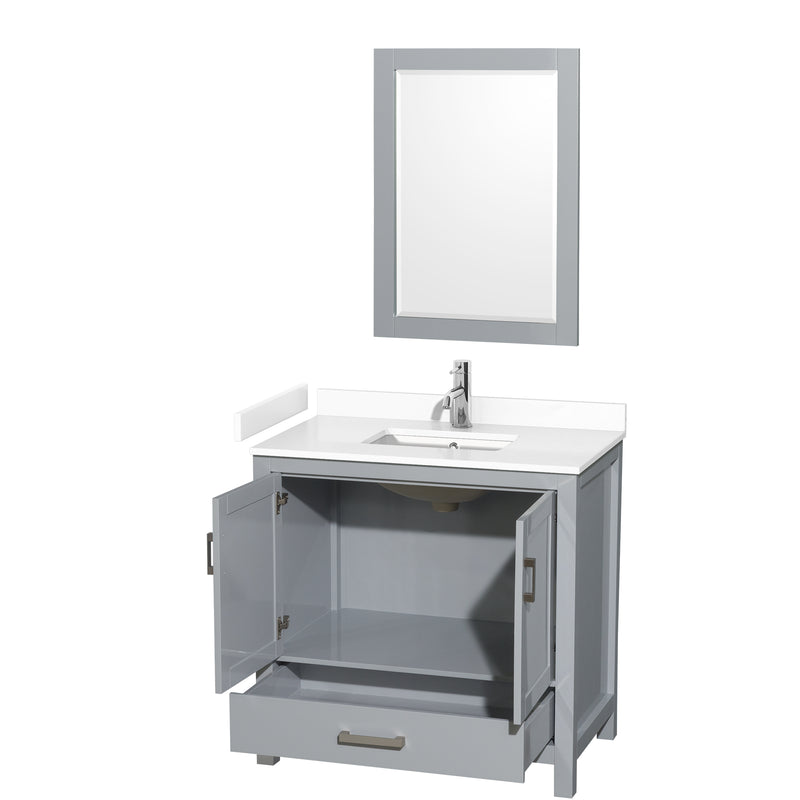 Wyndham Sheffield 36" Single Bathroom Vanity In Gray with White Cultured Marble Countertop Undermount Square Sink and 24" Mirror WCS141436SGYWCUNSM24